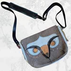 Owl Design Leather Crossbody Bag - Gray and Blue
